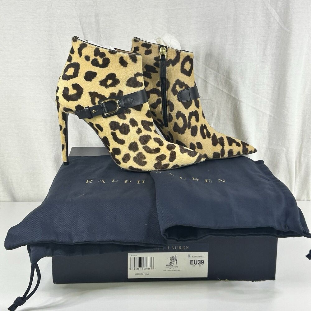 RALPH LAUREN PURPLE LABEL Zandra WOMENS leopard Calf Hair ANKLE HEEL BOOT 39